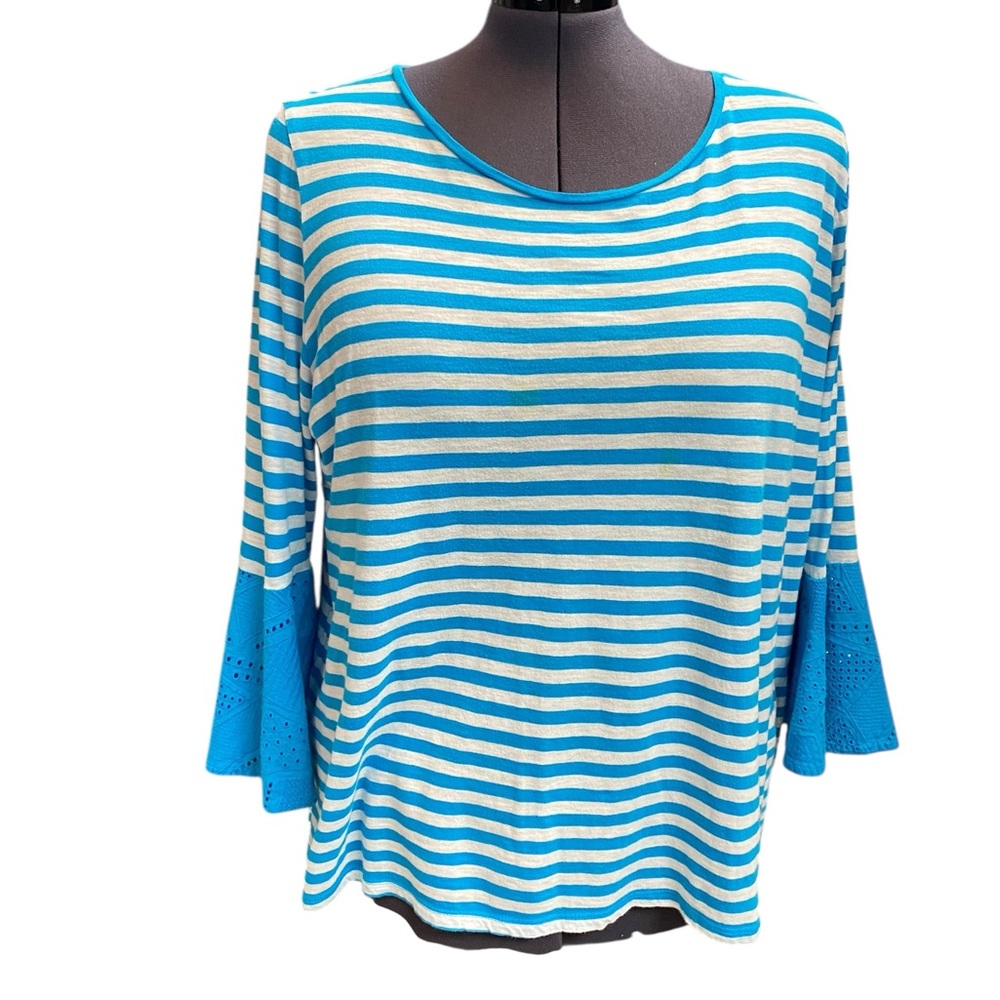 CROWN & IVY Womens plus size XXL Teal White Striped Long Bell Sleeve Cotton Top